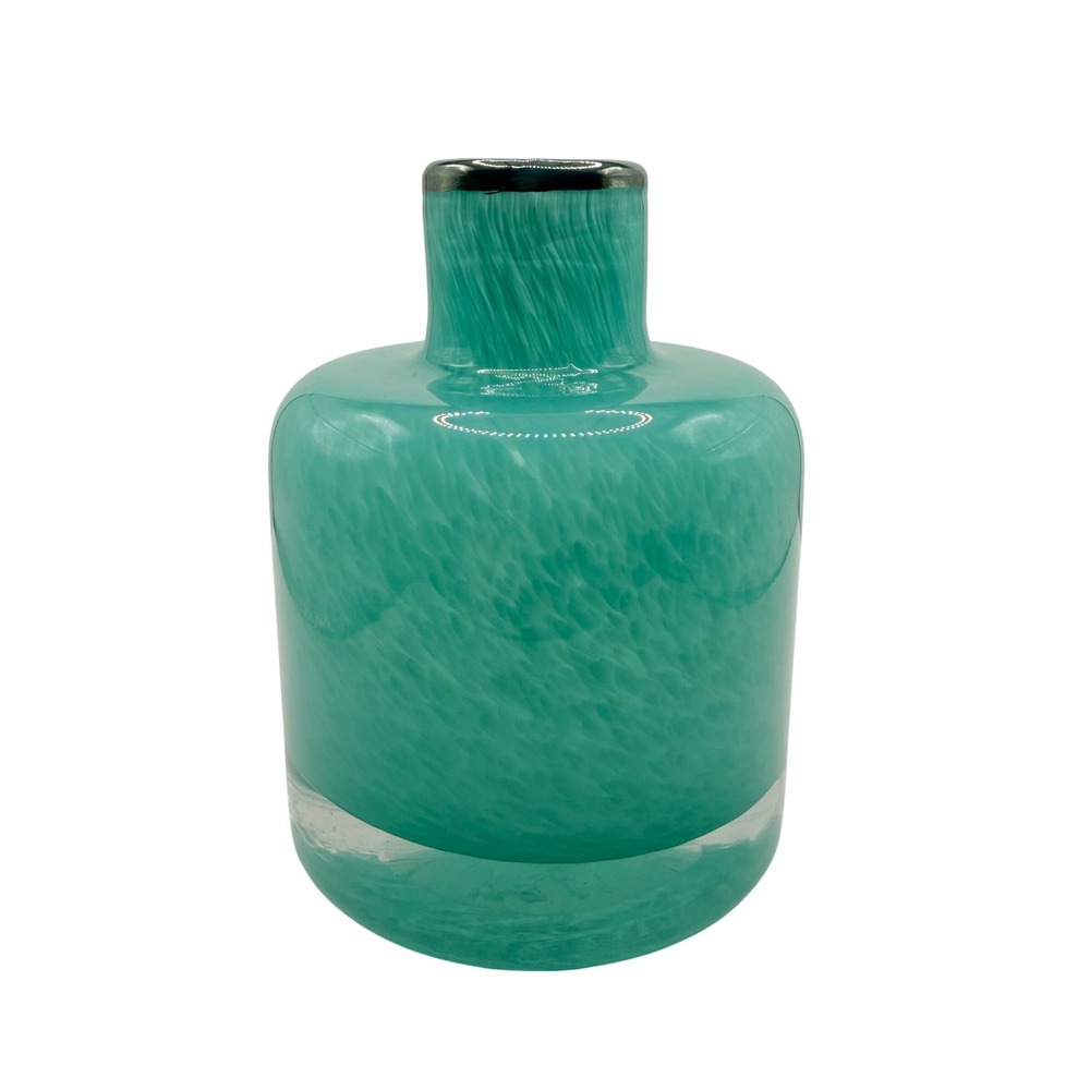 Hand-Blown Glass Vase‎ Home Decor Medium Turquoise Swirl Silver Rim Modern
